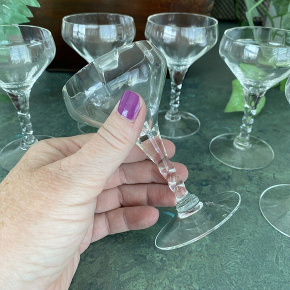 Vintage crystal cordial wine glasses matching set of 6 twisted stems elegant bar - Picture 2 of 5